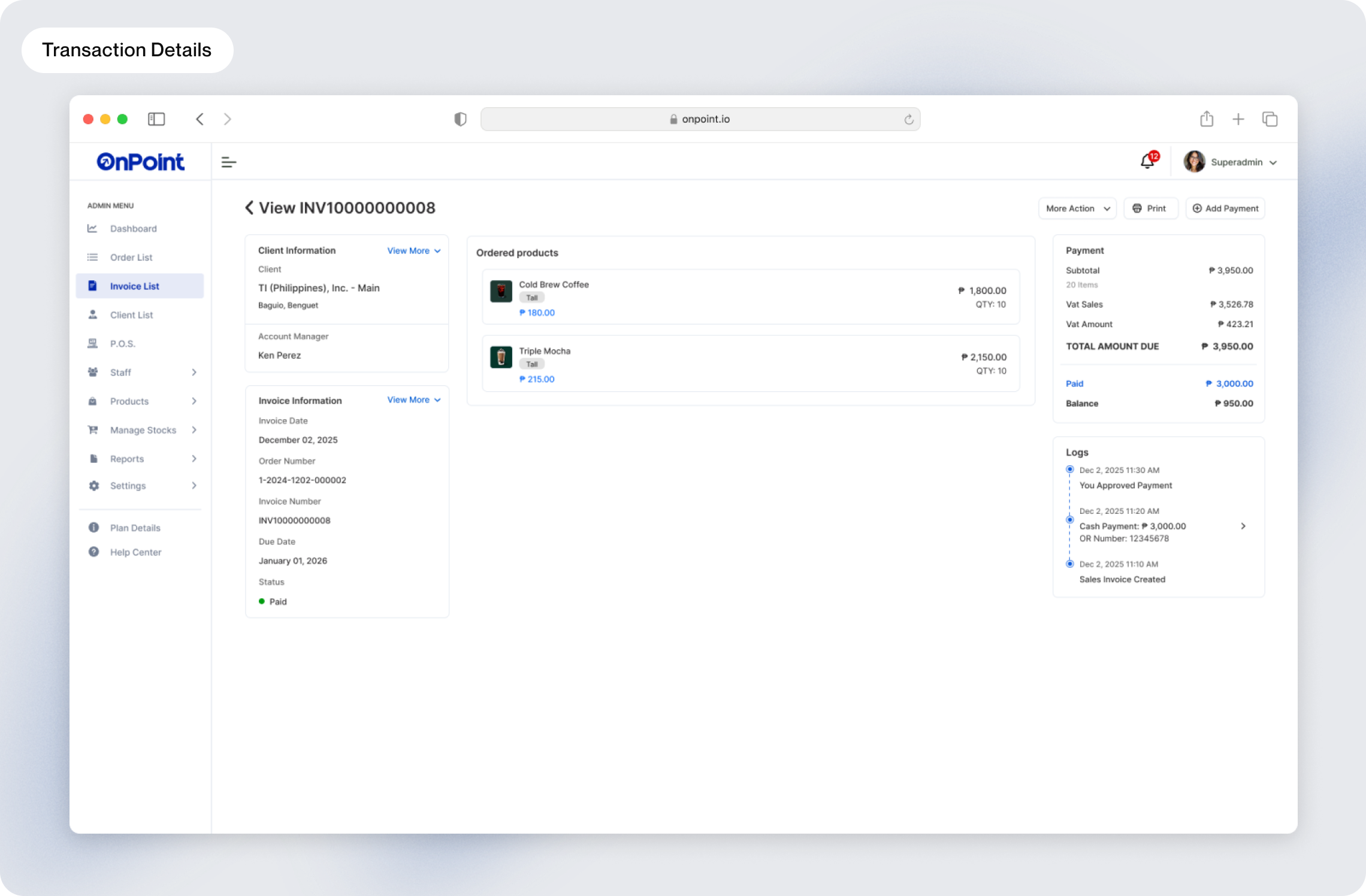 Onpoint transaction details