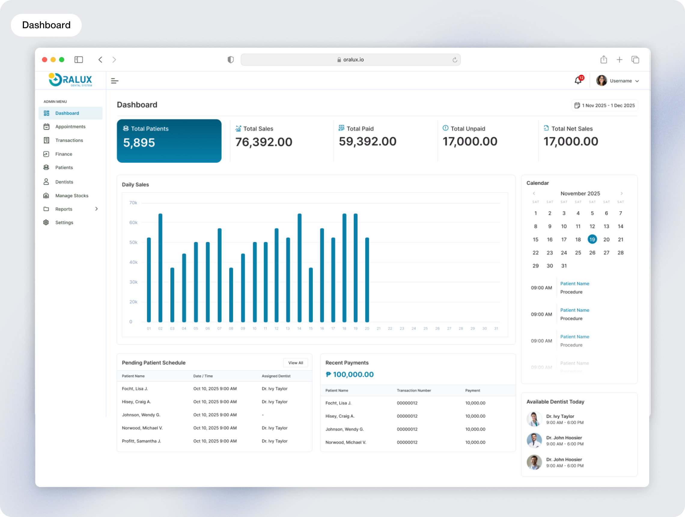 Oralux dashboard
